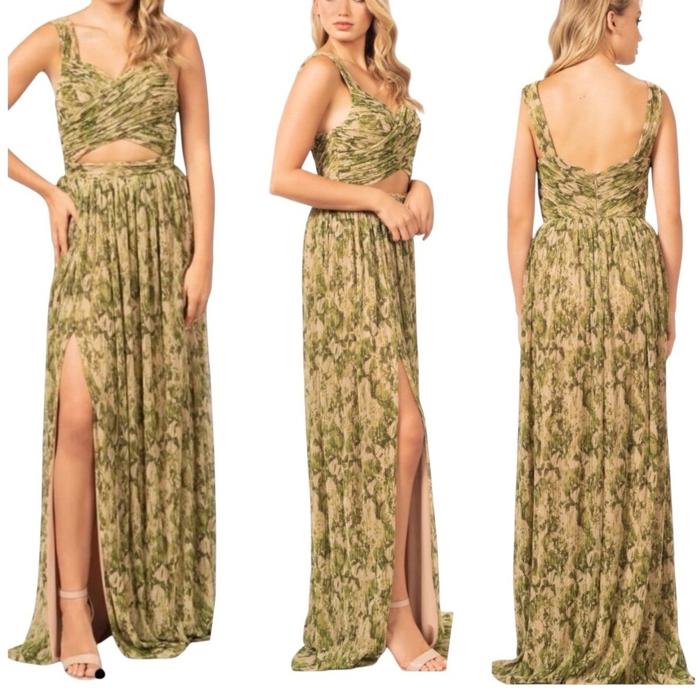 Dress The Population Mirabella Maxi Dress Women L Green Metallic Floral Cutout